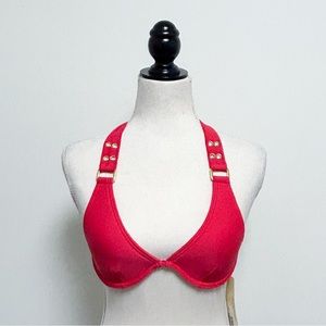 Cyn & Luca Red Cherry Halter Underwire Padded Bikini Top NWT Small Gold Rivets
